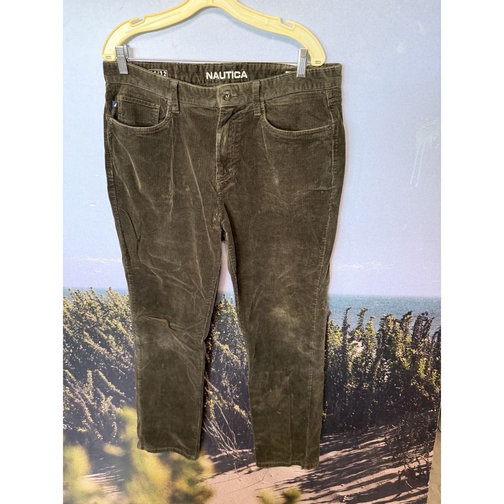Nautica Corduroy Pants Mens 34x32 Green Stretch 5 Pocket Straight Casual